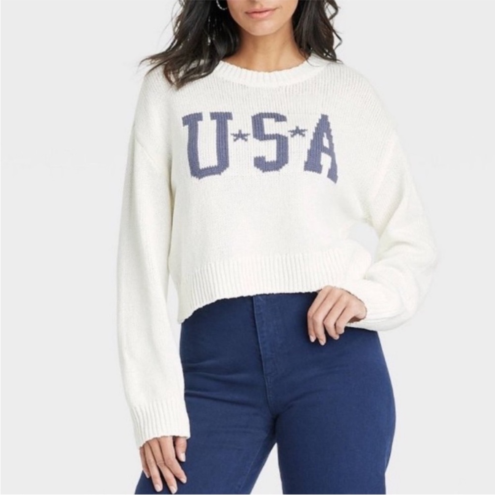 Grayson Threads Cream USA Graphic Sweater Navy Blue Cropped Size Medium